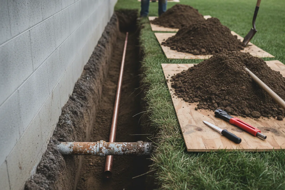 Excavated water line trench during Sewer Line Repair in Waverly